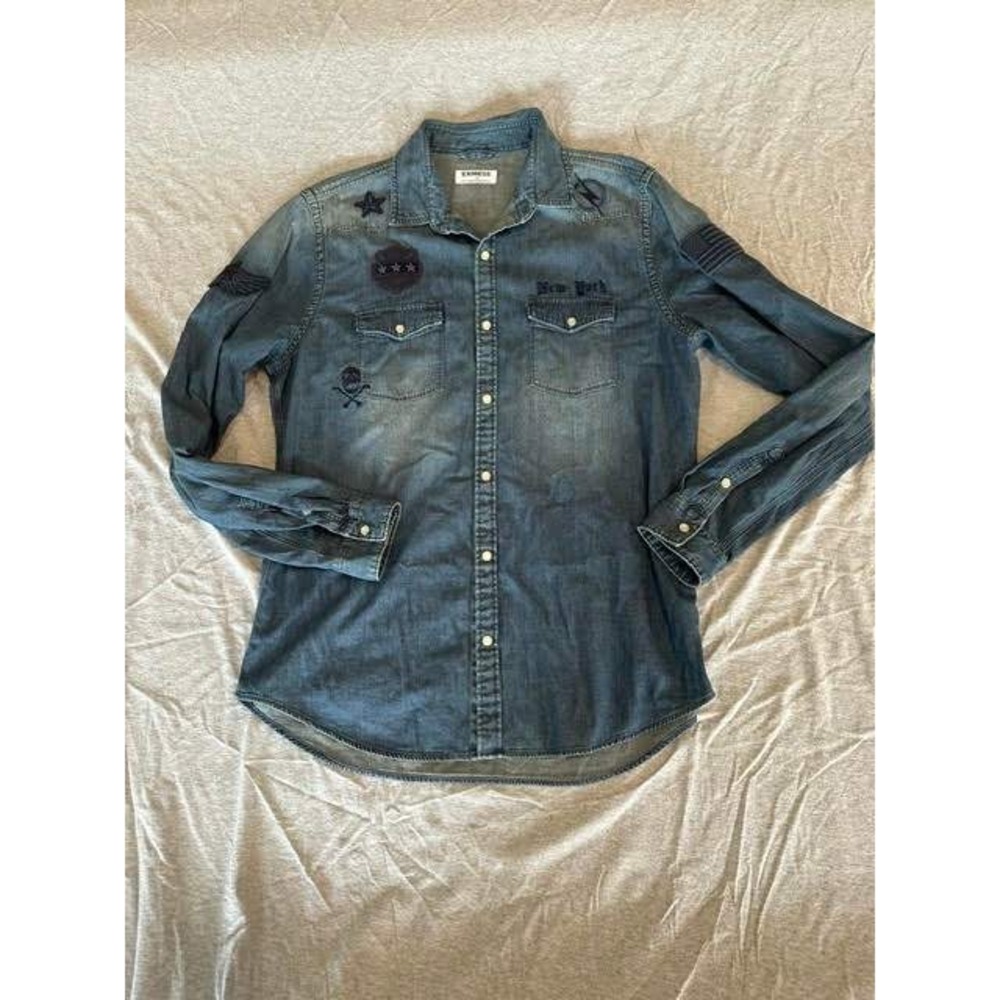 Express Mens Denim Button Down Shirt Blue Patches Skull Star American Flag L